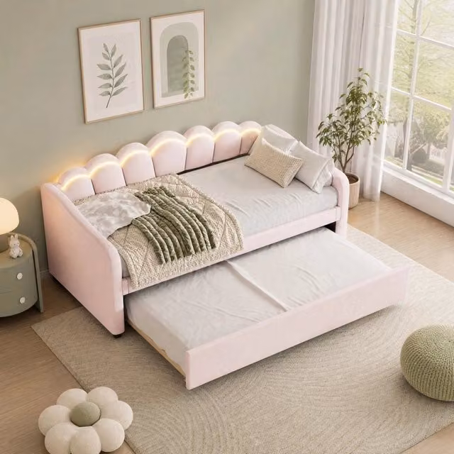 Letto da giorno rosa 90x200 cm in velluto con letto estraibile e LED