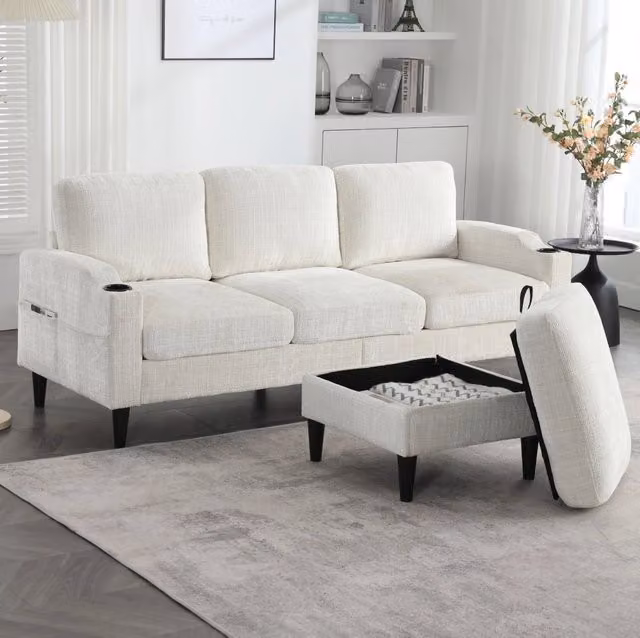 Sofa 4 posti con pouf contenitore in chenille beige; 196;5 x 75 x 77 cm