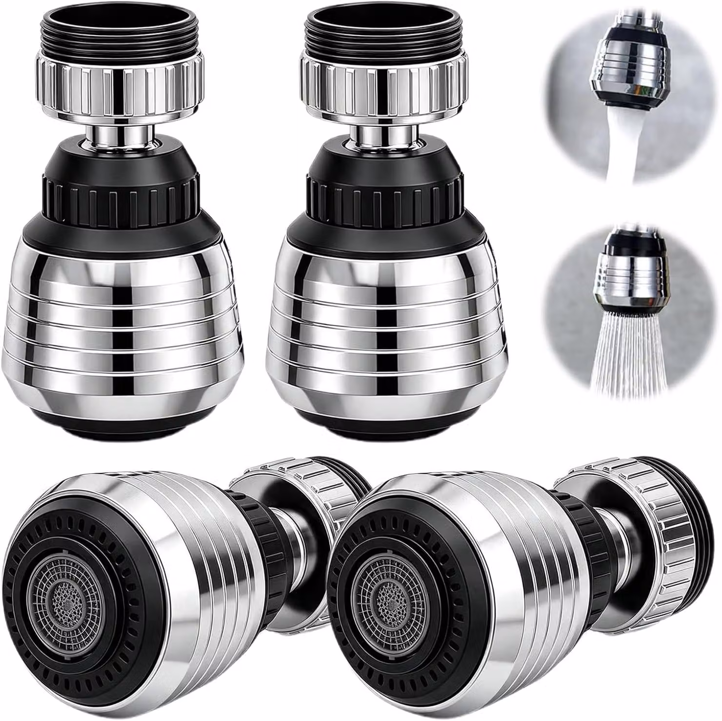 Aeratore per rubinetto da cucina - Set di 4 - Aeratore per rubinetto da cucina - Rotazione a 360 gradi - Regolatore di flusso universale con 2 modalità