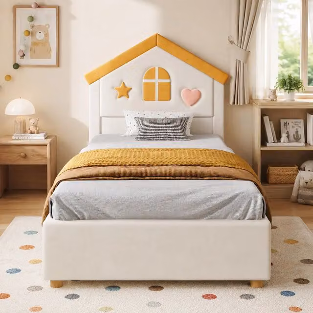 Letto a casetta per bambini 90x200 cm; imbottito in velluto beige con 4 cassetti per cameretta