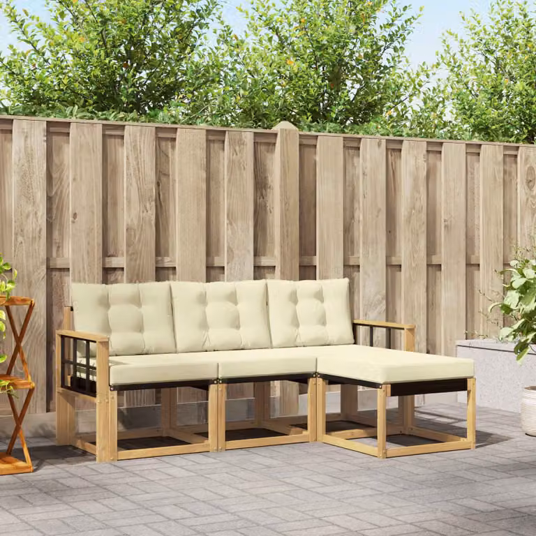 Set di divani da esterno vidaXL 4 pz in legno di acacia con cuscini e pouf, L-shape, Bianco, Beige e Marrone
