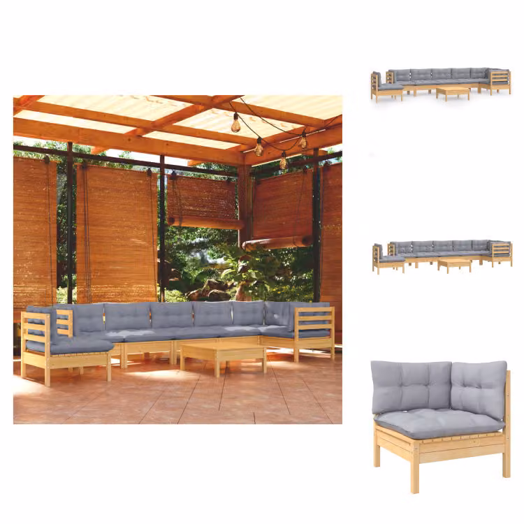 vidaXL Set 9 pezzi da giardino con cuscini grigi in pino massiccio - Set di mobili da giardino