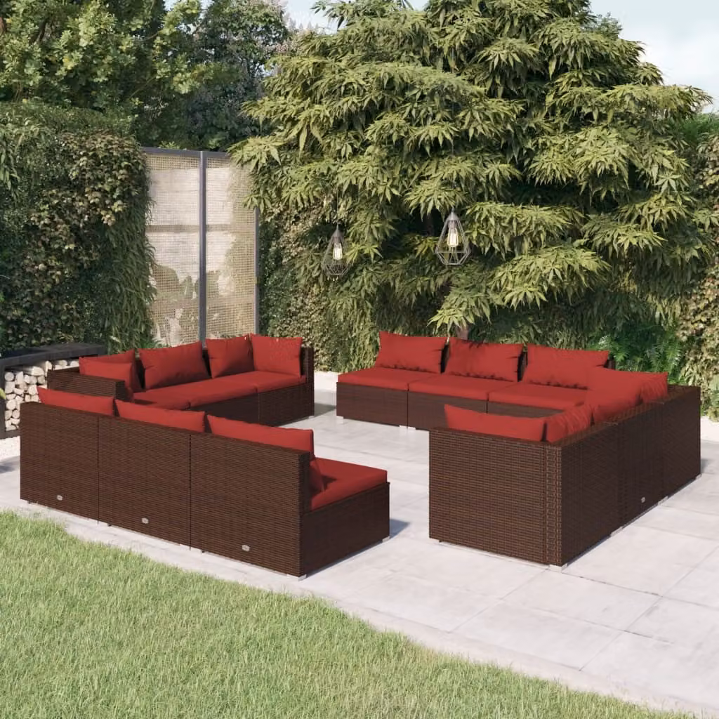 The Living Store Set salotto da giardino 12 pezzi con cuscini in poly rattan marrone