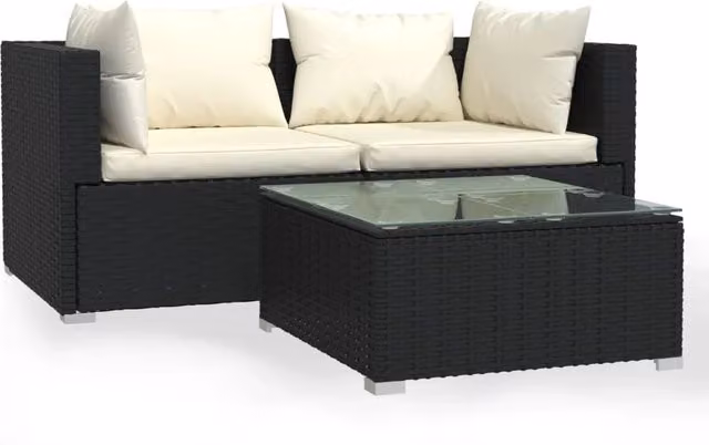 Set da giardino Outsunny a 3 pezzi in stile moderno con divano a 2 posti, elemento angolare, tavolino da caffè e cuscini beige con struttura in metallo nero e resina intrecciata – 1