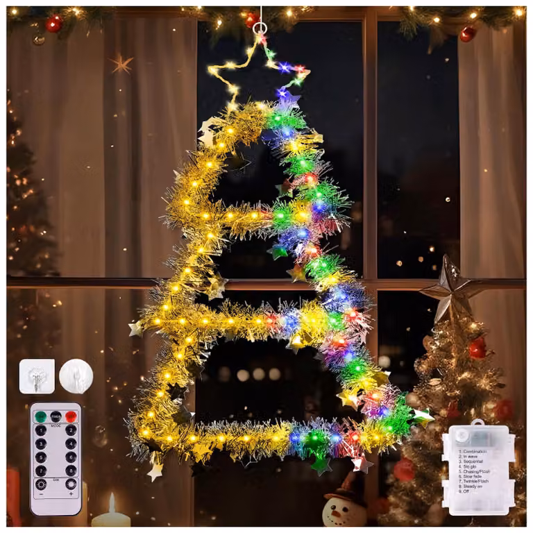 Illuminazione natalizia per finestre, 70 LED, 8 modalità, luce bianca calda e colorata