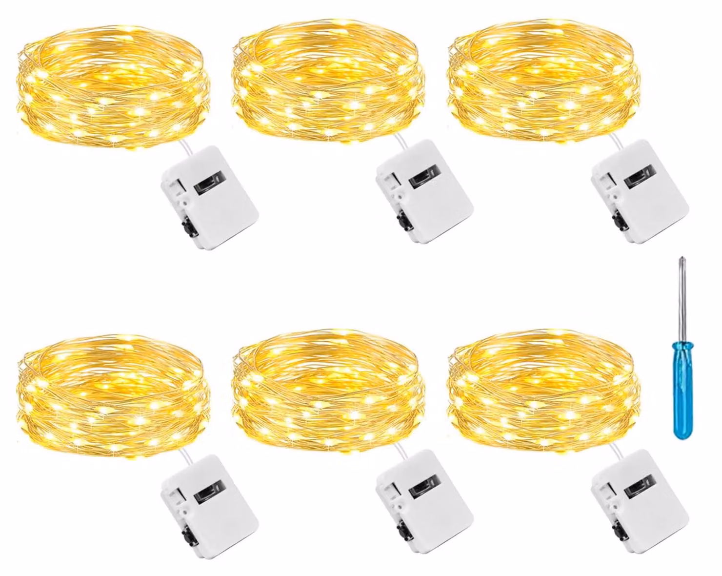 6 mini-catene luminose, lunghezza 2 metri, 20 LED, luce bianco caldo, alimentate a batteria