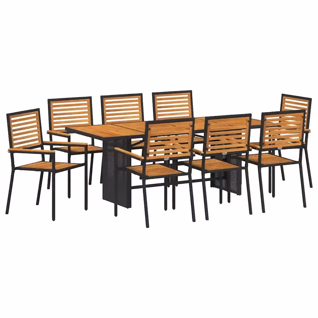 Set da pranzo per giardino e terrazzo vidaXL in polyrattan e legno di acacia, 9 pezzi, Nero e Marrone – 2
