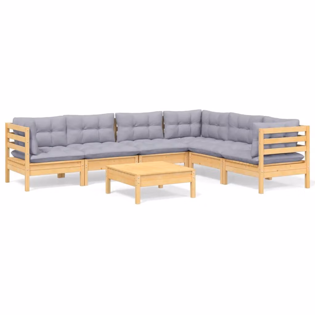 Set Divani da Giardino 7 pz con Cuscini Grigi Massello di Pino