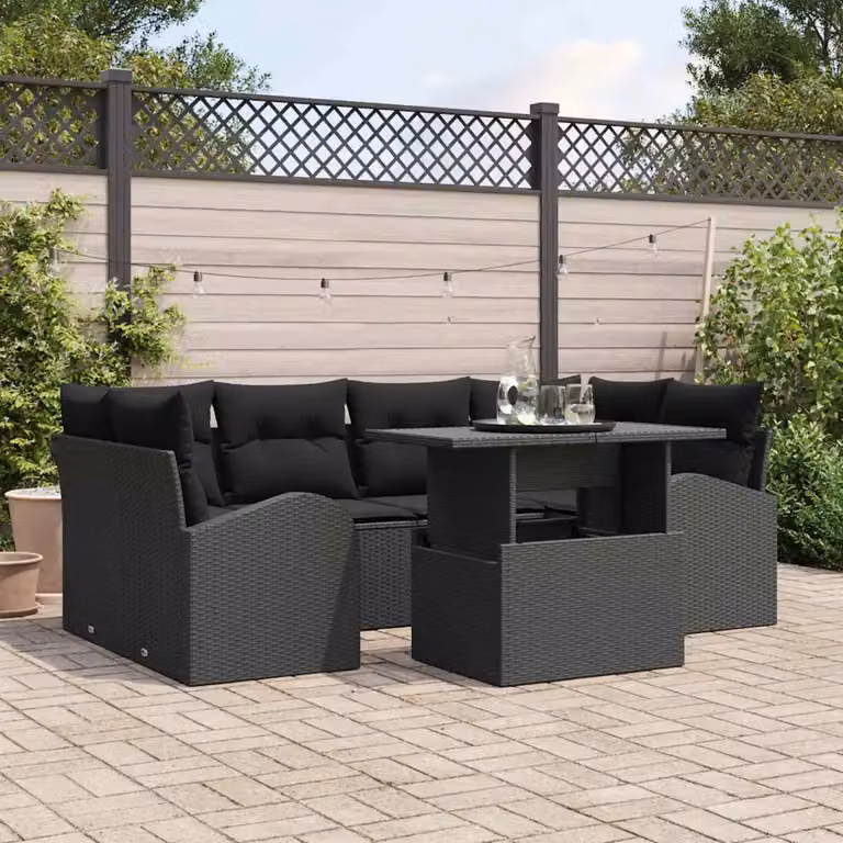 Set Divano da Giardino Moderno vidaXL in Polyrattan Nero con Cuscini e Tavolino da Esterno a Forma di U composto da 7 Pezzi
