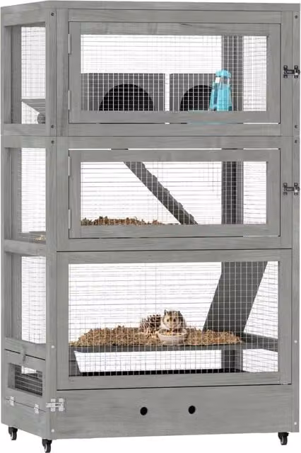 Gabbia per Criceti Minimal in Legno di Abete Grigio L: 65 cm, P: 45 cm, H: 109 cm