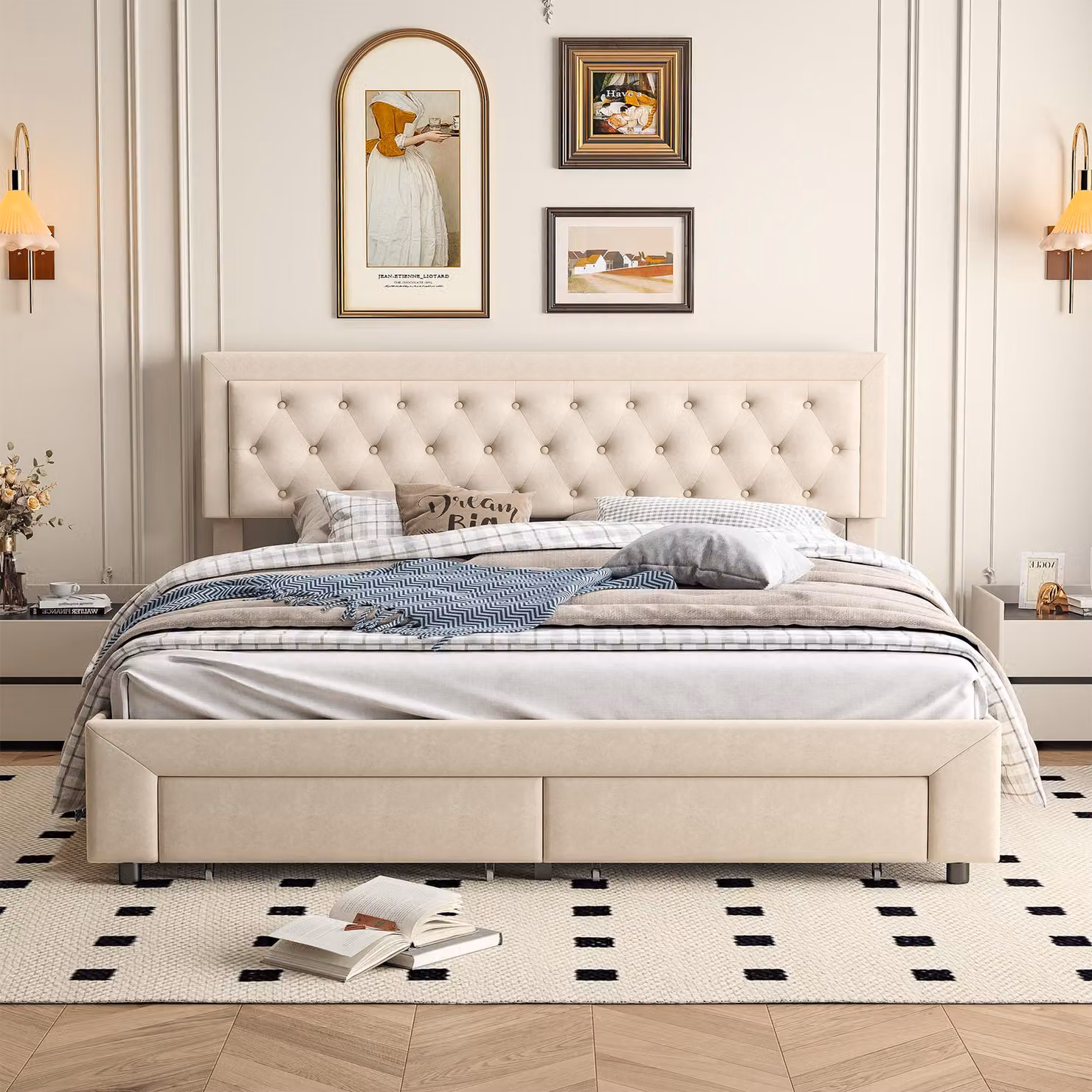 Letto a cassettone 160x200 con 2 cassetti, Letto imbottito con rete a doghe, tessuto in velluto e decorazione con bottoni, beige