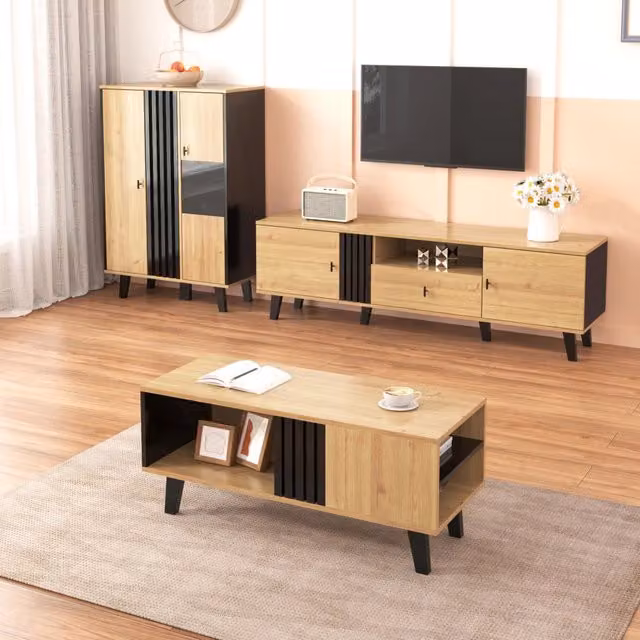 Credenza con LED e Vetro ¨C MINIMAL ¨C Legno e Nero, 140x78.5x41 cm