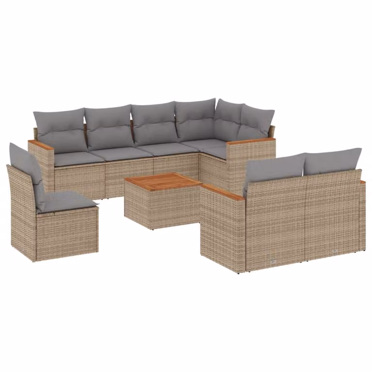 Set Divano da Giardino 9 pz con Cuscini Beige in Polyrattan