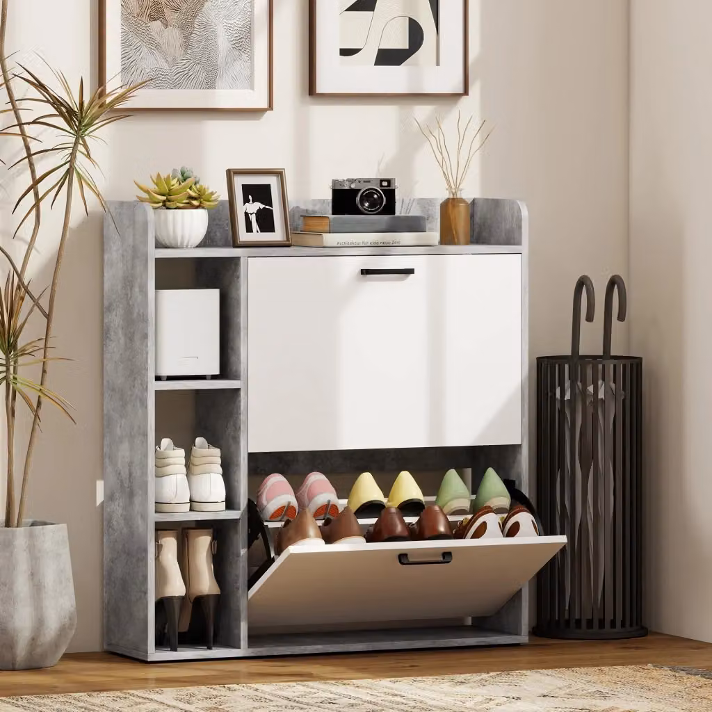 Scarpiera Slim Giordanoshop con 2 Cassetti Ribaltabili e Vani Aperti, Grigio e Bianco, L: 83 cm, P: 24 cm, H: 90,5 cm – 2