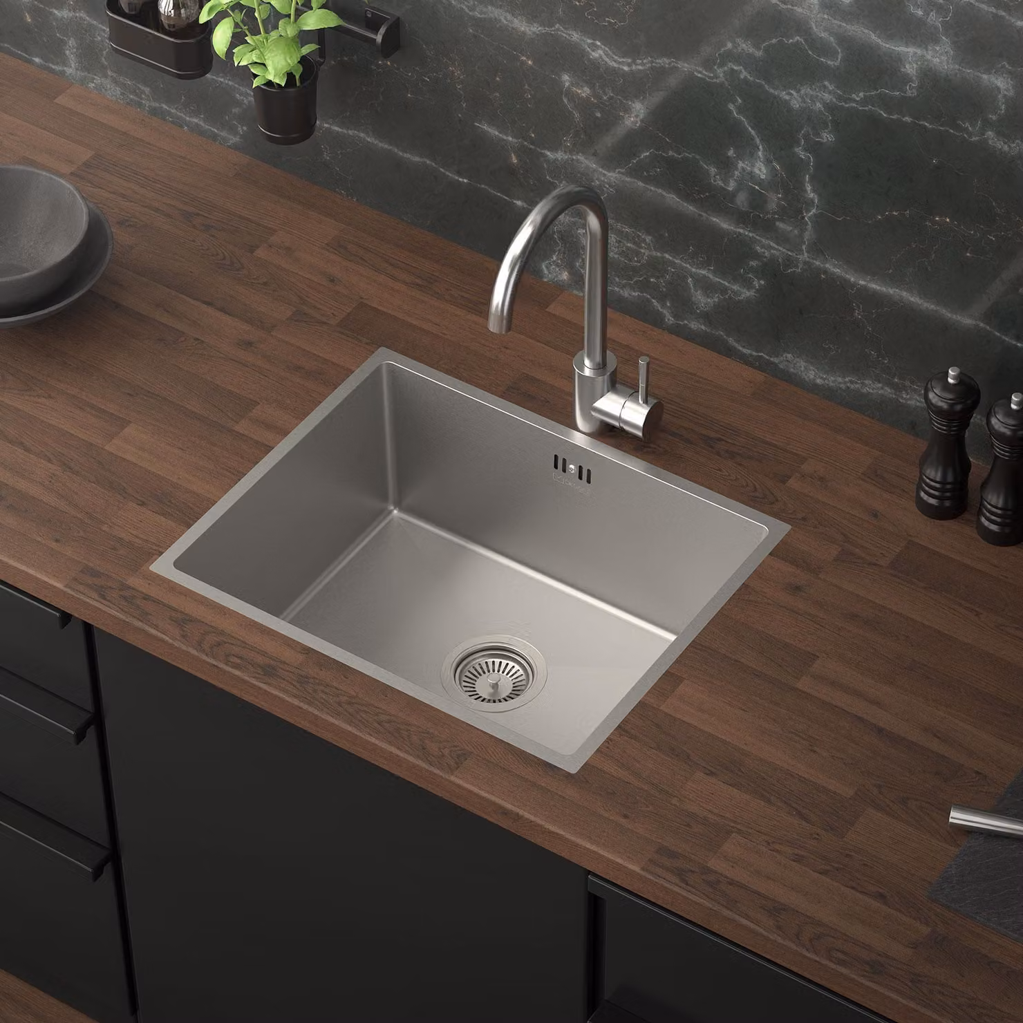 ML-Design lavello da cucina con scarico e troppopieno, argento, in acciaio inox