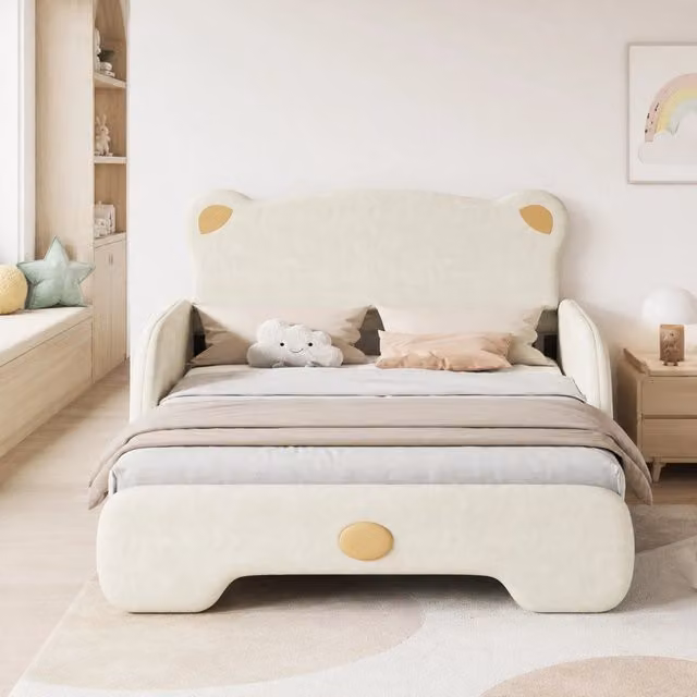 Letto imbottito matrimoniale a forma di orso con letto estraibile 140x200 cm in velluto beige