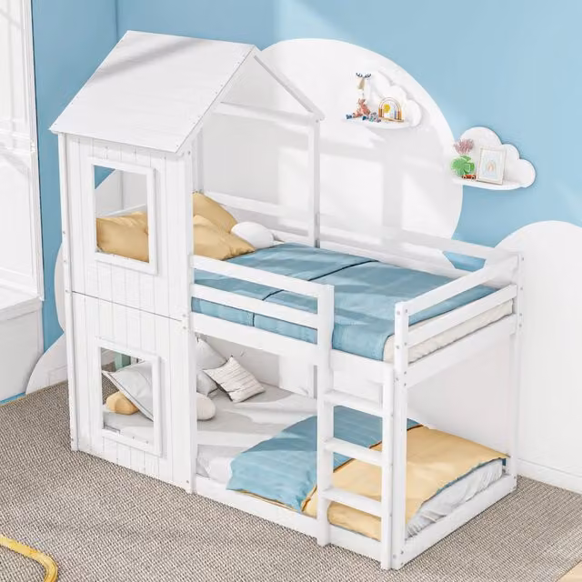 Letto a castello bambini 90 × 200 cm con scala e sponda, senza materasso, in pino massello bianco