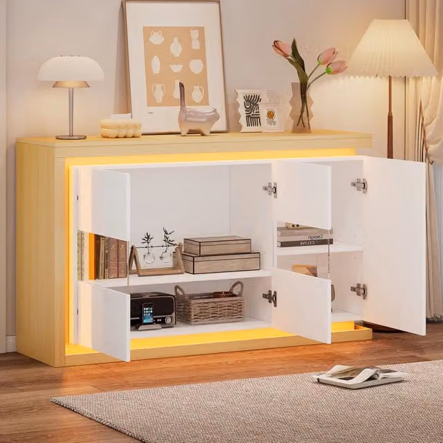 Credenza e madia OKWISH moderna con LED e 3 ante in vetro temperato, finitura lucida bianca, L/P/H: 140 x 40 x 84 cm
