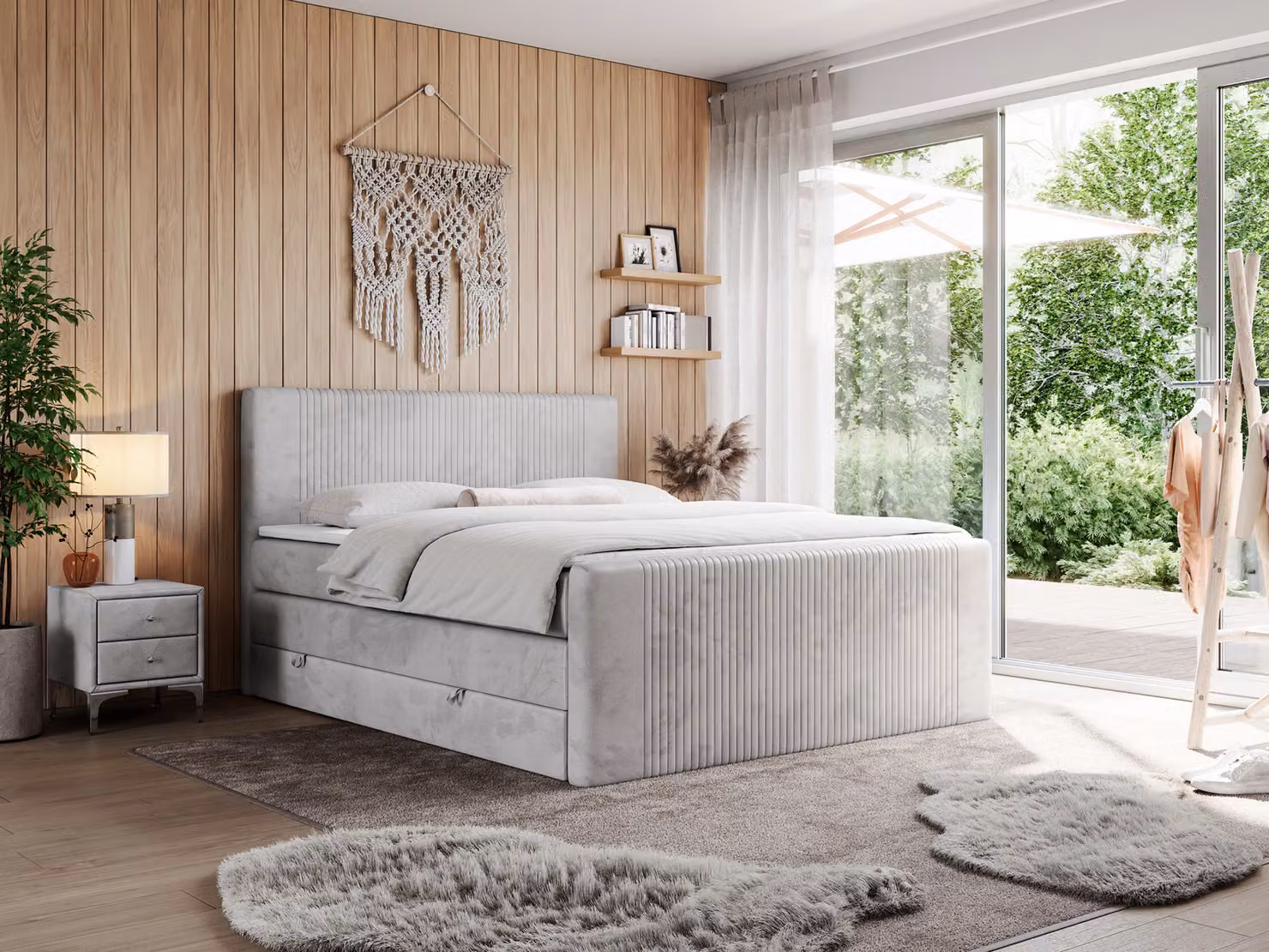 Letto boxspring, letto matrimoniale con materasso a tasche multiple e due contenitori - KING DOREN - 120x200 cm - Grigio chiaro - H3
