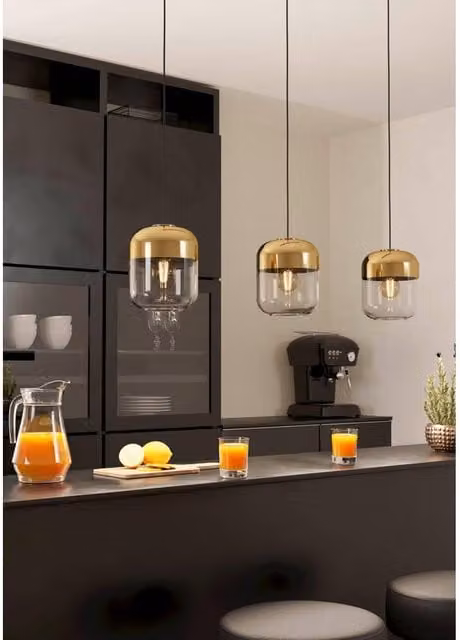 Lampadario a sospensione Glamour Maryvilla Eglo in metallo nero e vetro trasparente con finiture oro, 3 luci E27, H 110 cm, Ø 40 cm – 1