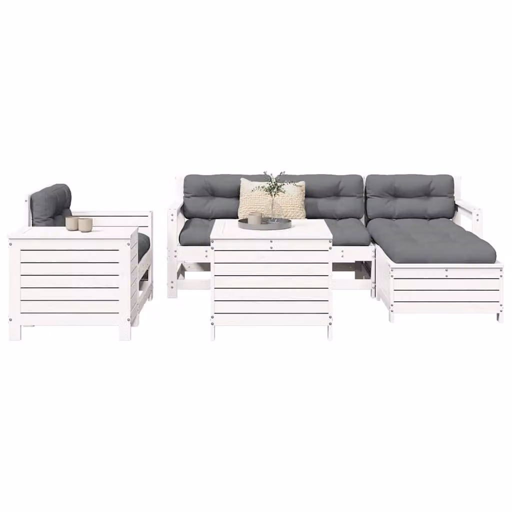 Set di divani da giardino vidaXL 7 pezzi in legno di pino bianco con cuscini inclusi e configurazione a L