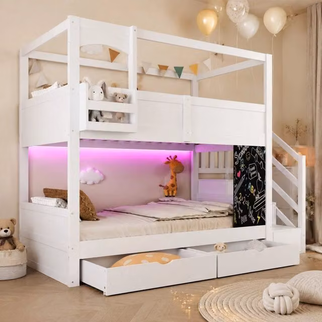 Letto a castello ULEVR 90x200 cm a casetta con scala contenitore, 2 cassetti, ripiano e lavagna, bianco