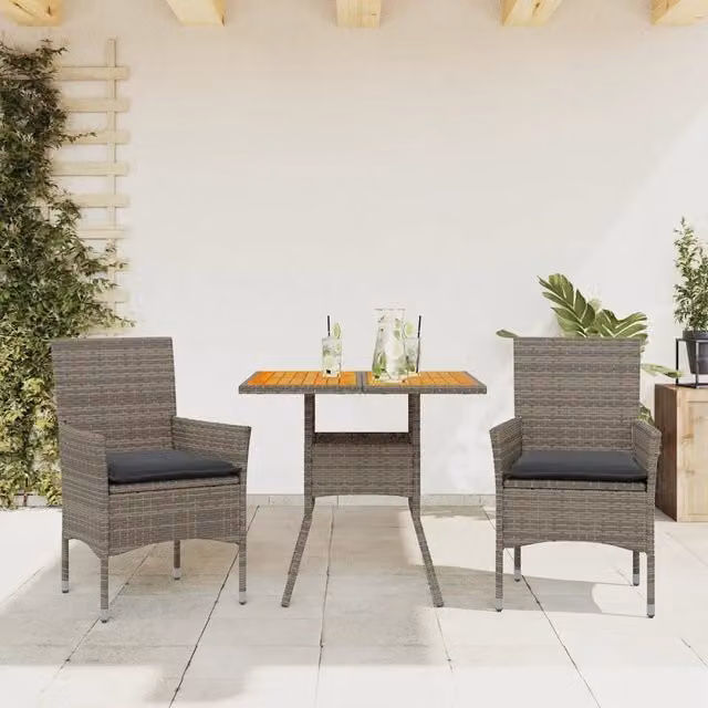 Set Pranzo da Giardino 3pz con Cuscini Polyrattan Acacia Grigio 3278713