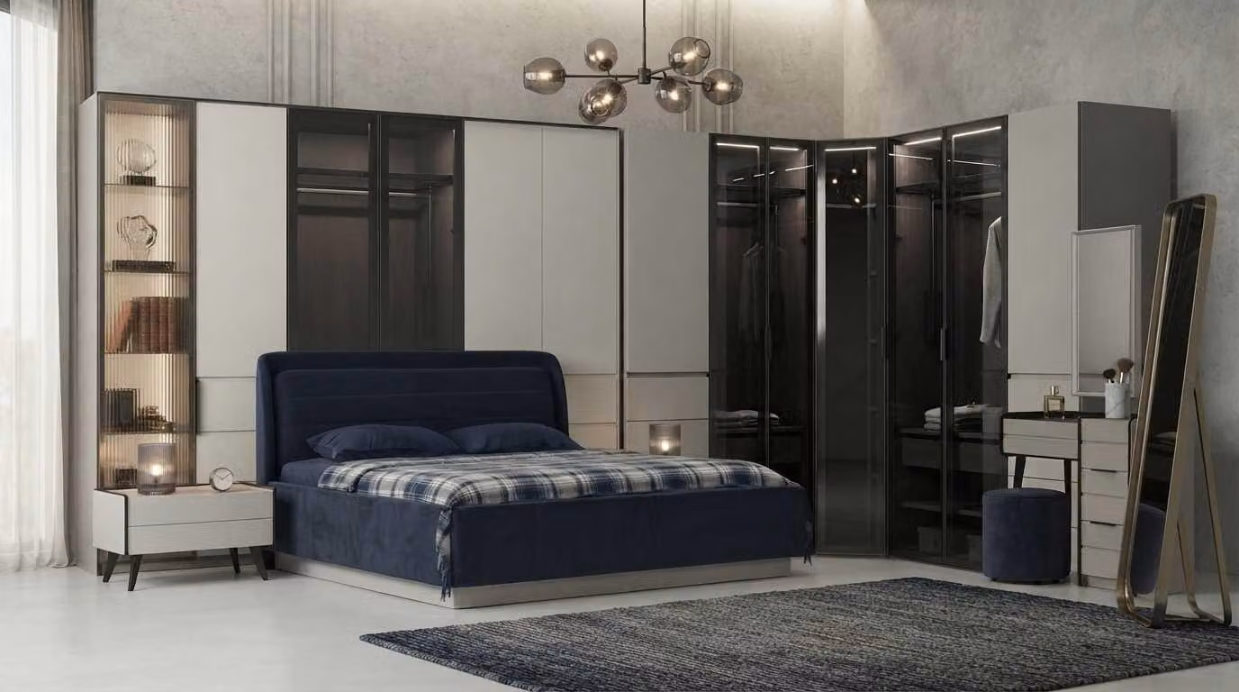 Set per camera da letto: letto, comodini, mobiletto angolare, design moderno, colore blu, con illuminazione LED