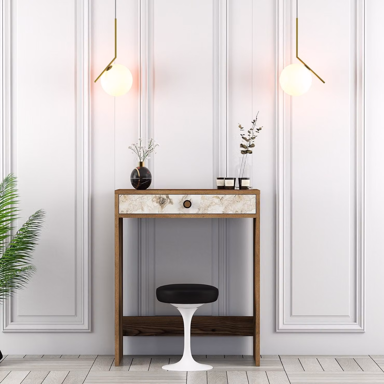 Skye Decor, Lisbona - Noce, Bianco, Marmo, Toeletta, Noce, 100% PANNELLI DI PARTICELLE RIVESTITI IN MELAMMINA, 70 x 84,7 x 40 cm
