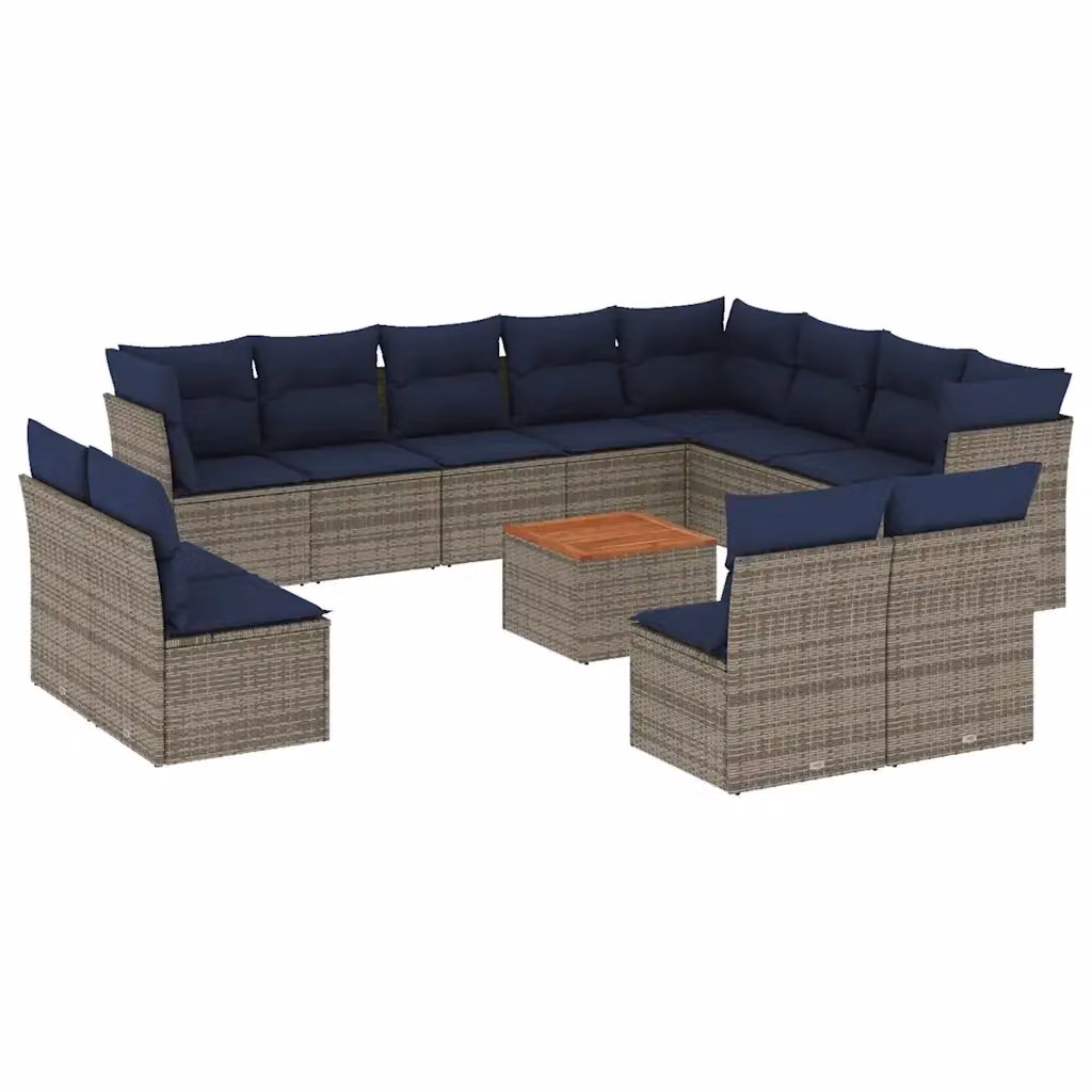 Set di Divani da Giardino vidaXL in Polyrattan Grigio e Blu con Cuscini e Tavolino da Esterno a Forma di U composto da 13 Pezzi – 2