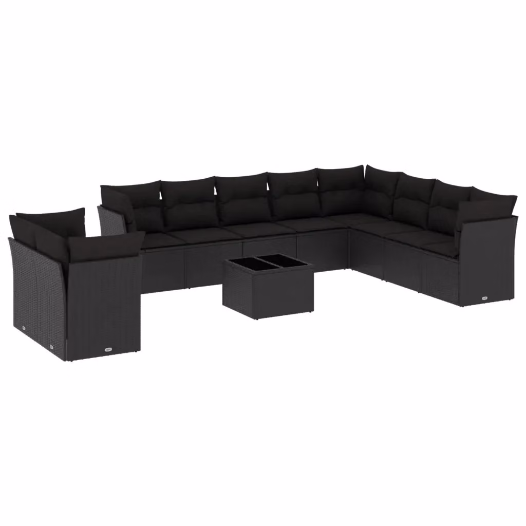 vidaXL Set Divani da Giardino 11 pz in Polyrattan Nero con Cuscini e Tavolino da Caffè – 2