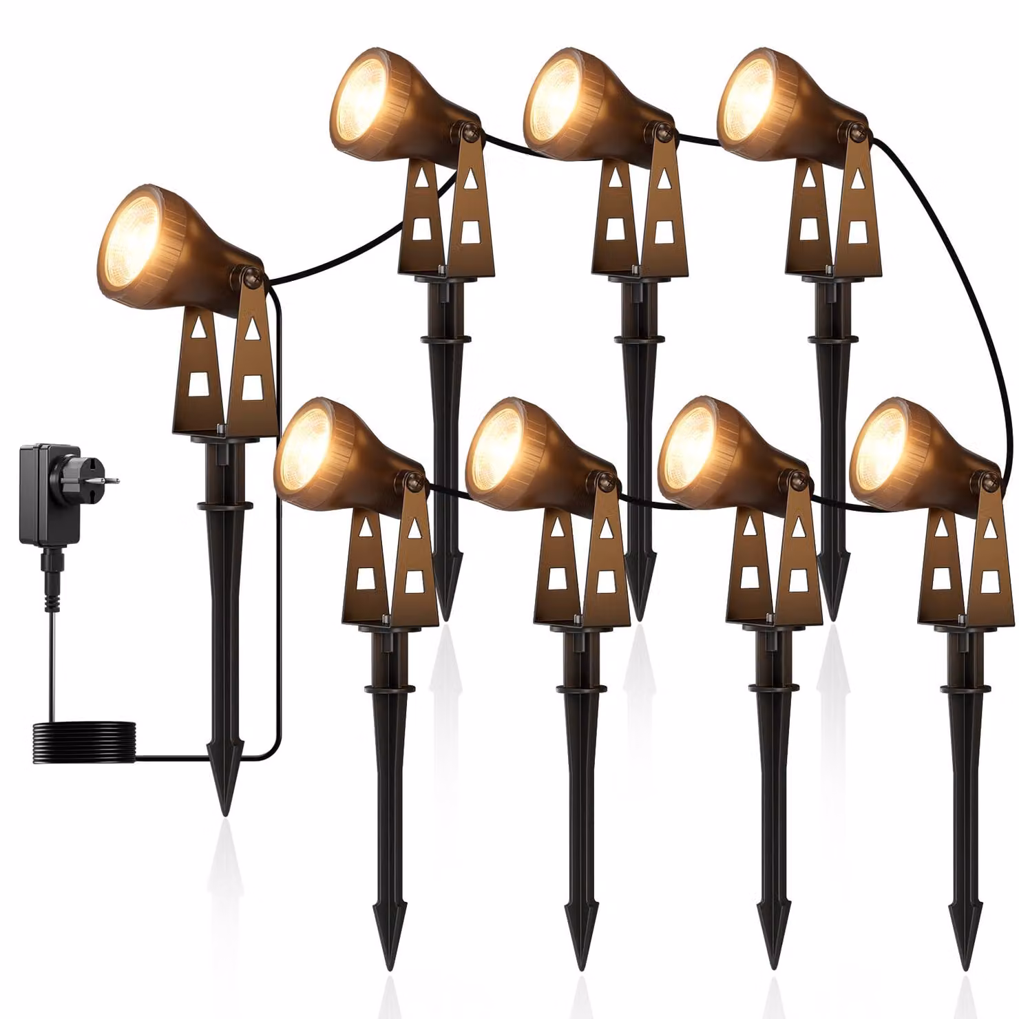 Set di 8 faretti LED per giardino, 24W, grado di protezione IP68, cavo da 26 metri, luce bianco caldo