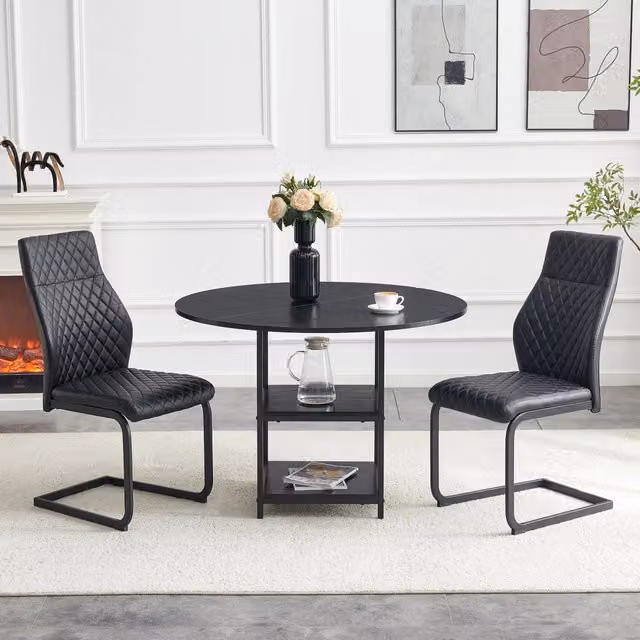 Tavolo da pranzo rotondo per 2 persone con 2 sedie, doppio ripiano aperto, in MDF e metallo, nero 107 cm