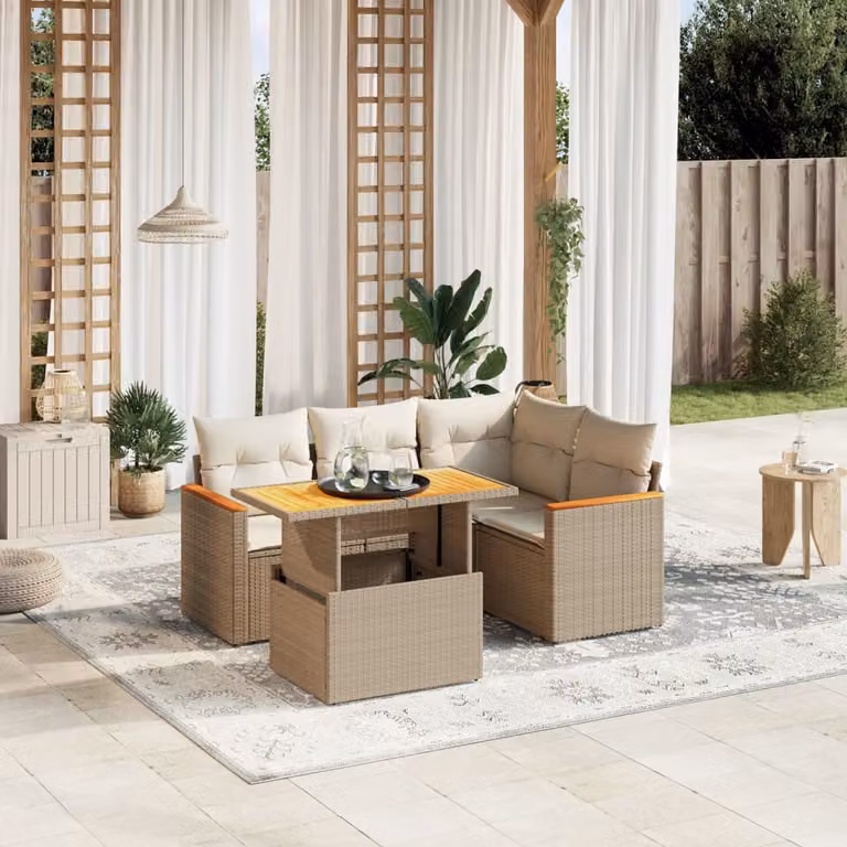 vidaXL Set Divano da Giardino a L 5 pz in Polyrattan con Cuscini Beige e Tavolino Moderno