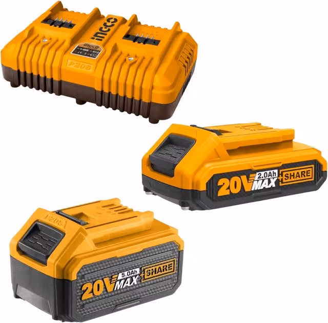 Kit Pro INGCO Giallo con Doppio Caricabatterie Rapido 4Ah e 2 Batterie 20V da 5Ah e 2Ah