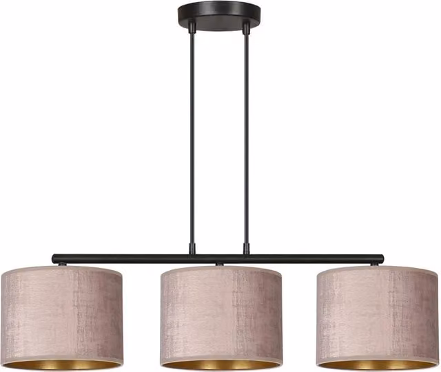 Lampadario a sospensione Luceart-Classic Vinayaka con 3 luci in metallo nero e paralumi in tessuto rosa e oro