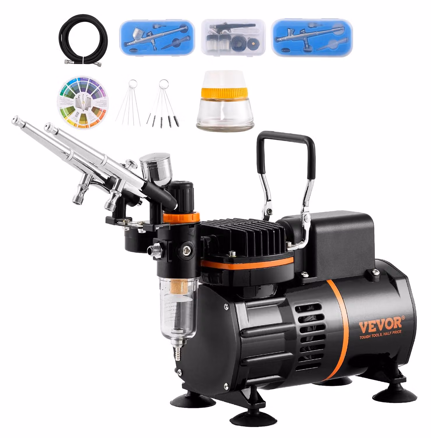 Kit per aerografo completo di compressore, con 3 aerografi, diametro ugello da 0,2 a 0,8 mm, colore nero