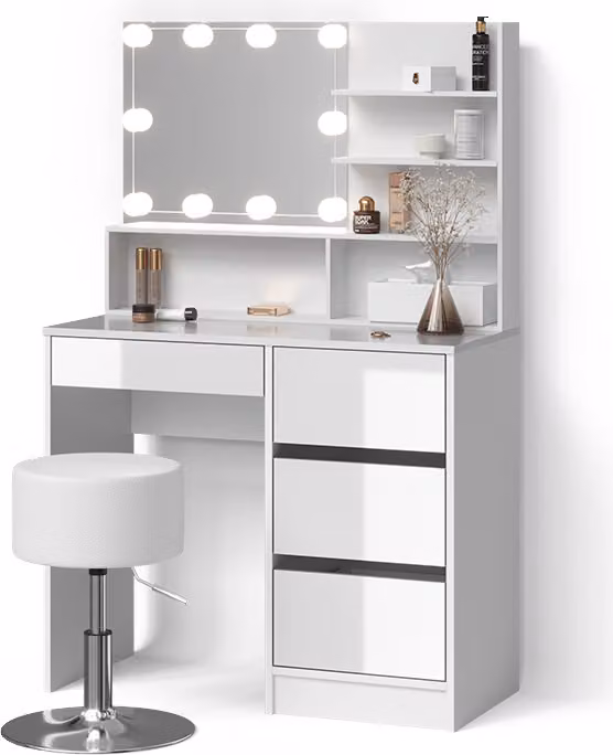Tavolo da toeletta Livinity Imola Bianco con mensola con specchio, catena luminosa LED e sgabello, Model 52437