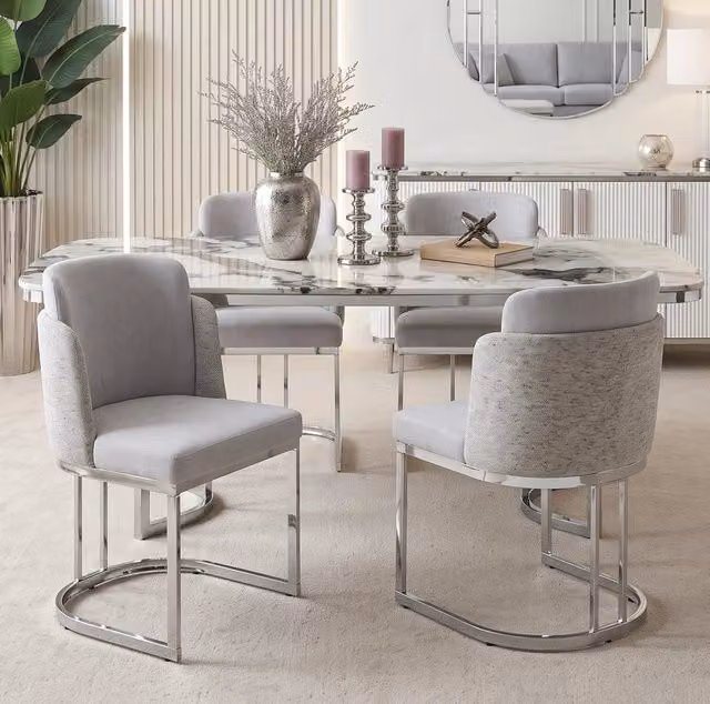 2 sedie da pranzo in chenille grigio e argento; schienale doppio; gambe in metallo