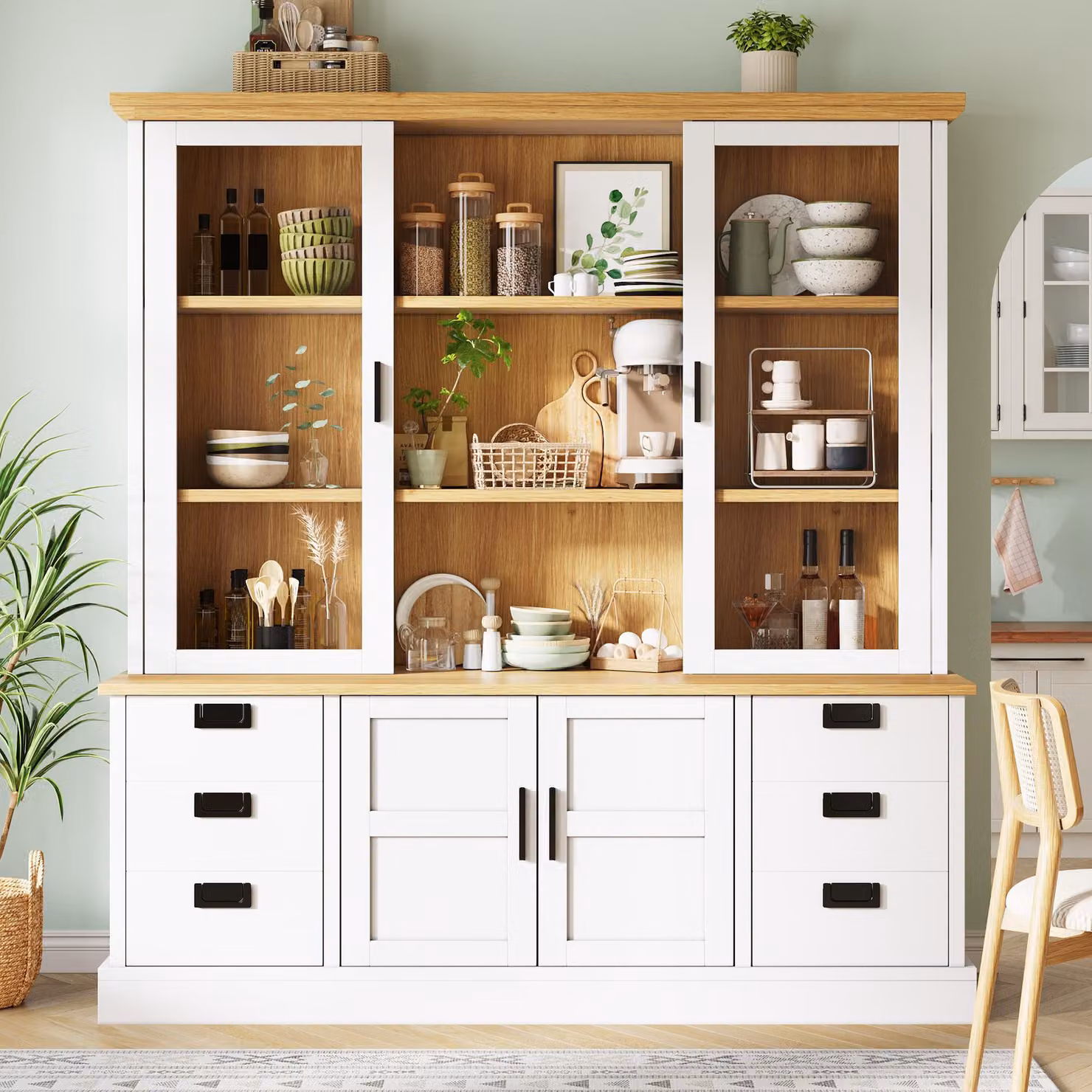 okwish: Armadio alto da cucina con 6 cassetti grandi e 2 ante in vetro, mobile contenitore, vetrina con spazio aperto e sistema di sicurezza anti-ribaltamento, grande capacità, colore bianco