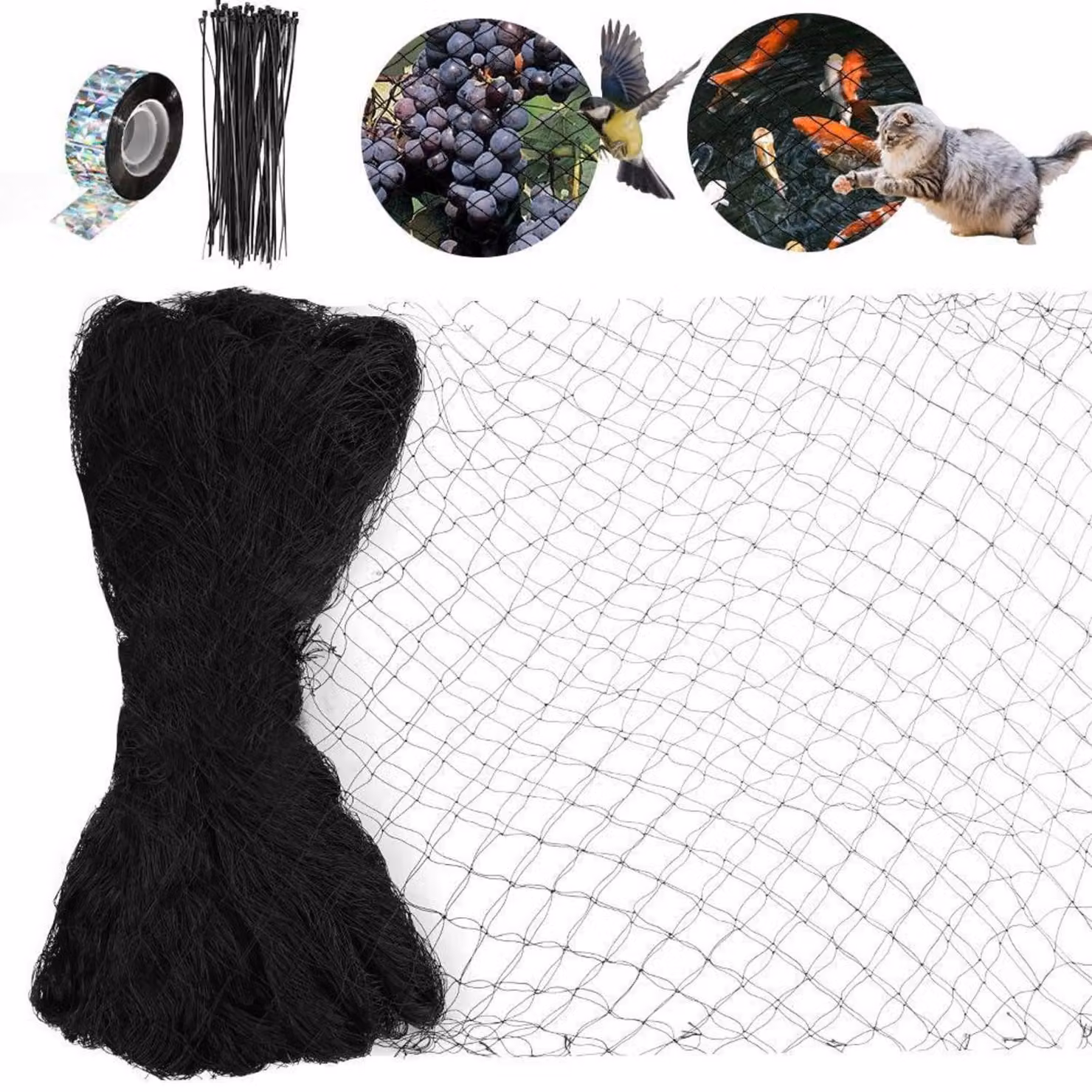 Rete di protezione per uccelli, dimensioni 15 x 15 metri, maglia da 5 cm, con nastro dissuasivo per uccelli e 100 fascette stringicavo