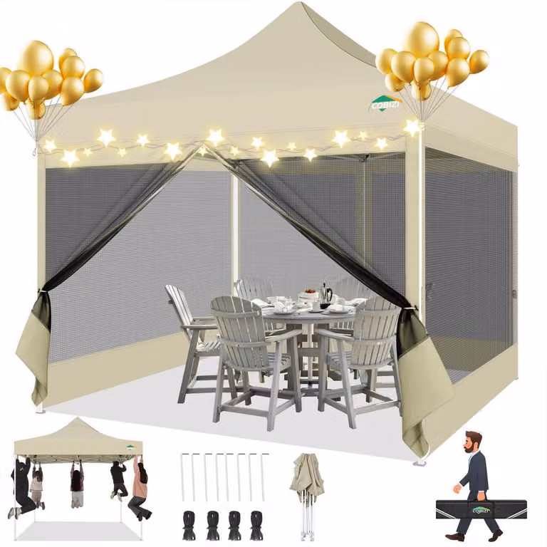 Gazebo da esterno 3x3 metri, colore kaki, impermeabile, con protezione UV, dotato di 4 pareti laterali in rete e altezza regolabile