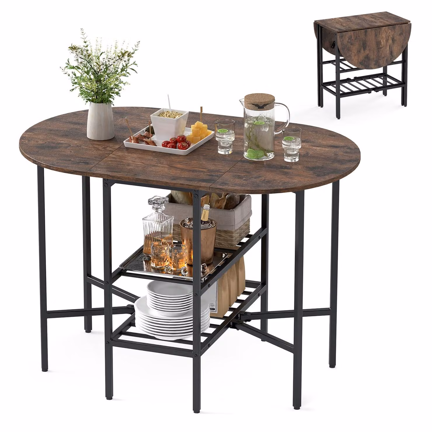 COSTWAY Tavolo da pranzo pieghevole, tavolo da cucina con 2 ripiani aperti per 4 persone, tavolo pieghevole salvaspazio, tavolo da pranzo, 110 x 70 x 76 cm, marrone