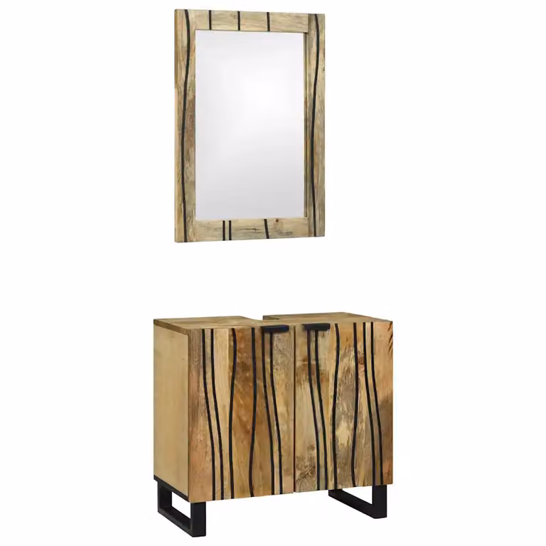 Set di mobili da bagno vidaXL in legno di mango massello composto da mobile lavabo e armadietto con specchio, colore marrone e nero