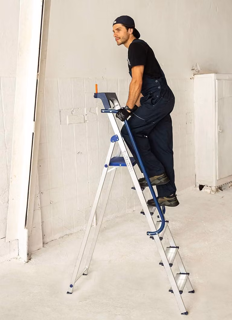 Scala a pioli in alluminio robusta, con sei gradini, corrimano di sicurezza e vassoio removibile per attrezzi
