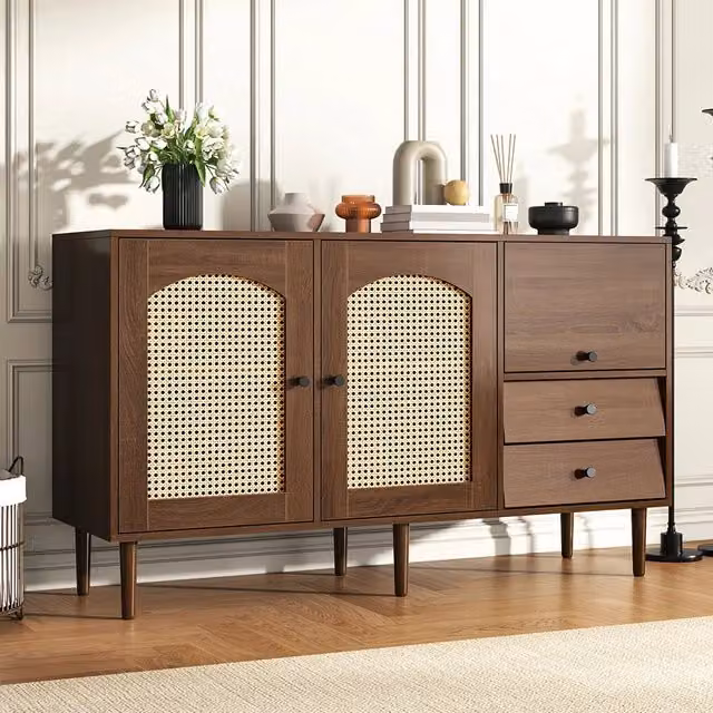 Buffet Rustico Xylo in Legno e Rattan Marrone con Chiusura Magnetica L/P/H: 130 x 40 x 75.5 cm