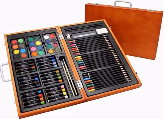 Kit creativo da disegno per artisti con 78 pezzi multicolore, inclusi pennelli, acquerelli, pastelli e carboncino, con supporto in legno e carta