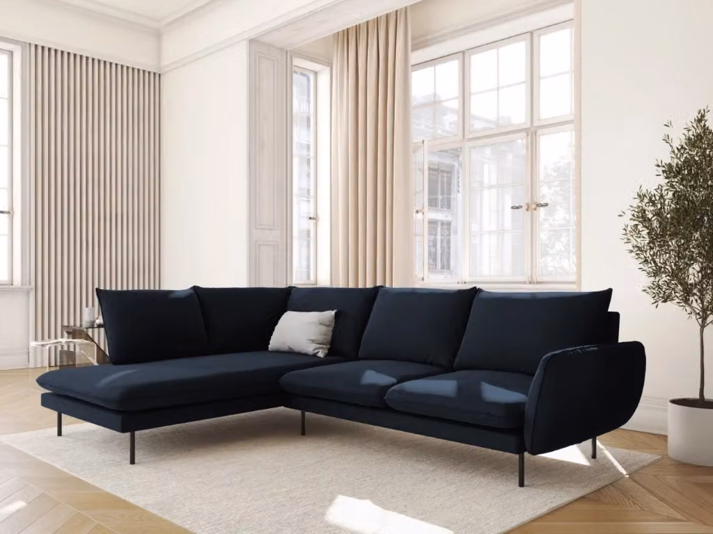 Divano angolare sinistro Vienna Cosmopolitan Design in velluto blu scuro da 6 posti L 275 x P 185 x H 95 cm – 2