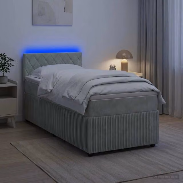 Letto con Box Spring, Materasso a Molle Pocket e Illuminazione LED vidaXL, Grigio Chiaro, L/P: 90 x 190 cm – 1