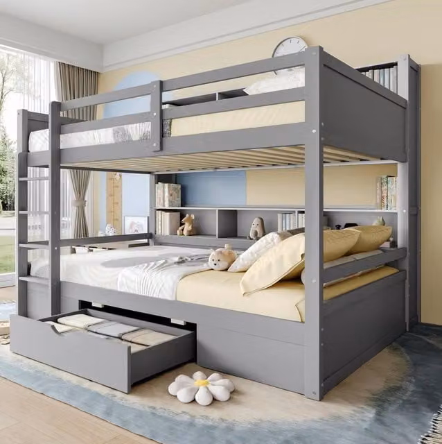 Letto a castello 90x200 cm con cassetto e vani portaoggetti; grigio